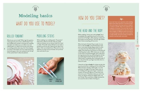 Book cover of Cake Decorations, with a single tiered cake covered in white fondant, and 'Party' in gold writing, with gold unicorn horn on top. Published by Lannoo Publishers.