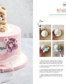 Book cover of Cake Decorations, with a single tiered cake covered in white fondant, and 'Party' in gold writing, with gold unicorn horn on top. Published by Lannoo Publishers.