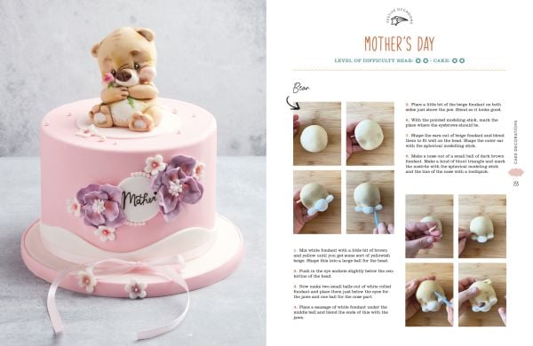 Book cover of Cake Decorations, with a single tiered cake covered in white fondant, and 'Party' in gold writing, with gold unicorn horn on top. Published by Lannoo Publishers.