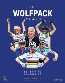 Five members of the Belgian cycling team with Patrick Lefevere to centre, on blue cover of 'The Wolfpack Years', by Lannoo Publishers.