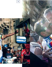 Five members of the Belgian cycling team with Patrick Lefevere to centre, on blue cover of 'The Wolfpack Years', by Lannoo Publishers.