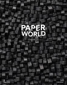 Book cover of Paperworld, featuring black cubes of recycled cardboard resembling small charcoal briquettes. Published by Lannoo Publishers.