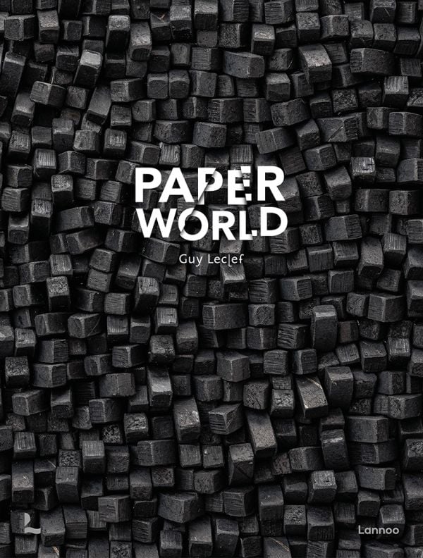Book cover of Paperworld, featuring black cubes of recycled cardboard resembling small charcoal briquettes. Published by Lannoo Publishers.