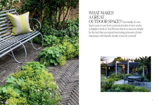 Book cover of Outdoor Interiors, with an outside seating area of Tehama 1 House in California, with fireplace. Published by Lannoo Publishers.