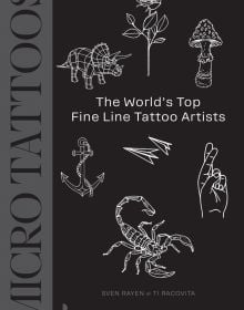 White fine line tattoo designs of rhino, rose, anchor, mushroom, scorpion, on black cover of 'Micro Tattoos', by Lannoo Publishers.