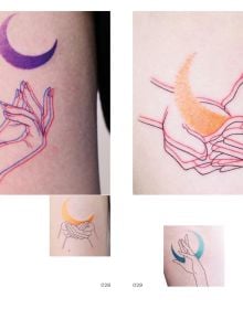 Book cover of Micro Tattoos, featuring tattoo designs of a rhino, rose, anchor, mushroom, and scorpion. Published by Lannoo Publishers.