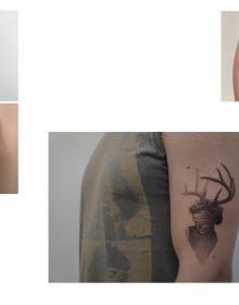 White fine line tattoo designs of rhino, rose, anchor, mushroom, scorpion, on black cover of 'Micro Tattoos', by Lannoo Publishers.