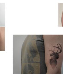 White, fine line tattoo designs of rhino, rose, anchor, mushroom, scorpion, on black cover of 'Micro Tattoos', by Lannoo Publishers.