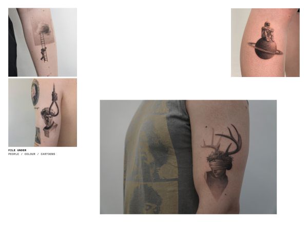 Book cover of Micro Tattoos, featuring tattoo designs of a rhino, rose, anchor, mushroom, and scorpion. Published by Lannoo Publishers.