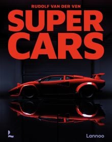 Red Lamborghini Countach in dark blue warehouse, on cover of 'Supercars', by Lannoo Publishers.