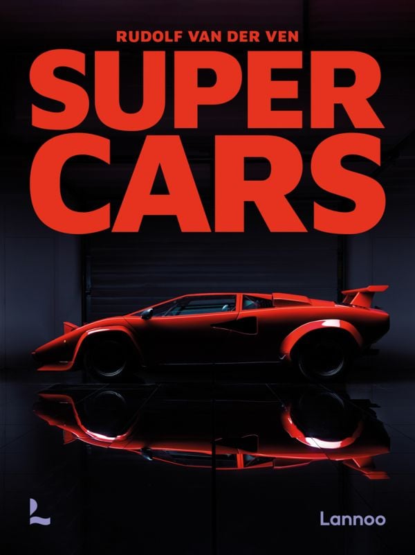 Book cover of Supercars, with a Red Lamborghini Countach in dark warehouse. Published by Lannoo Publishers.