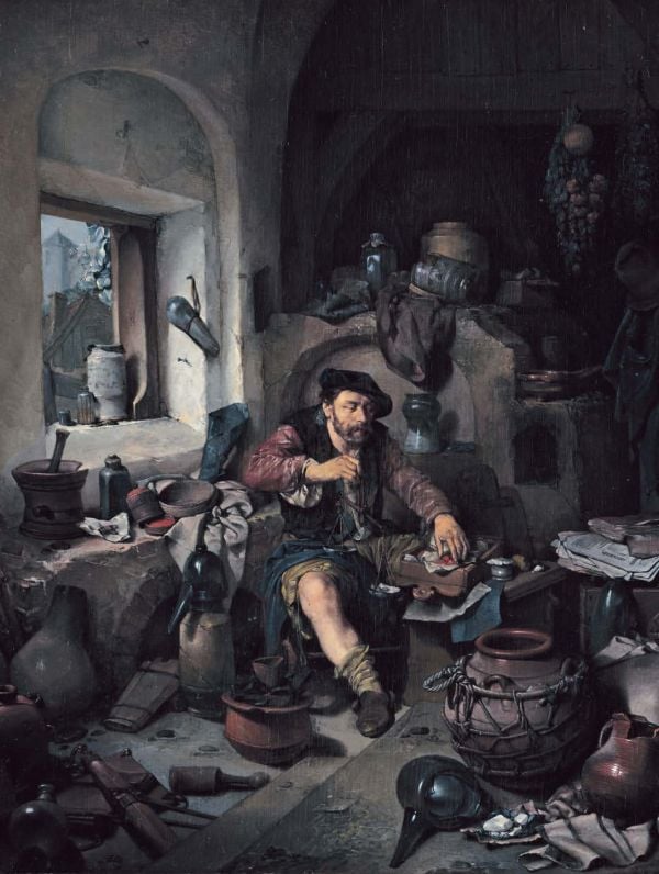 Book cover of Art of Alchemy, From the Middle Ages to Modern Times, with two medieval alchemists practicing with science equipment. Published by Lannoo Publishers.