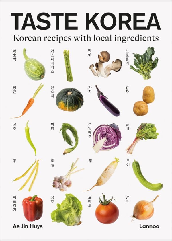 Book cover of Taste Korea: Korean Recipes With Local Ingredients, with Korean vegetables: red pepper, and white dadagi cucumber. Published by Lannoo Publishers.