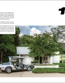 Book cover of Carchitecture USA: American Houses With Horsepower, with a blue Cadillac parked outside the front of a pink, flat-roofed house, with palm trees and the sea behind. Published by Lannoo Publishers.