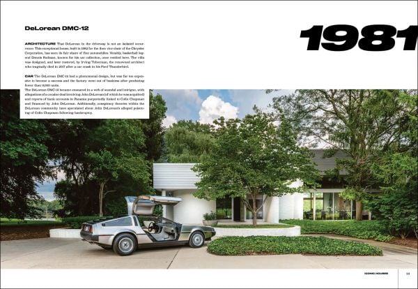 Book cover of Carchitecture USA: American Houses With Horsepower, with a blue Cadillac parked outside the front of a pink, flat-roofed house, with palm trees and the sea behind. Published by Lannoo Publishers.