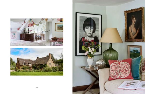 Book cover of Living in Country Style, with interior with white panelled walls, blue floral wallpaper, and two windows looking out to hilly landscape. Published by Lannoo Publishers.