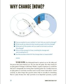 Book cover of Change Can Be Child's Play, The right mindset for leaders in a winning team, with a board game featuring pieces of people. Published by Lannoo Publishers.