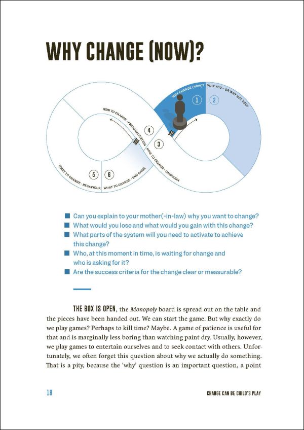 Book cover of Change Can Be Child's Play, The right mindset for leaders in a winning team, with a board game featuring pieces of people. Published by Lannoo Publishers.