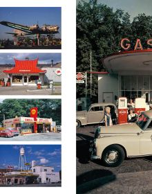 Petrol assistant in blue overalls filling up white car, woman leaning on side of bonnet, on cover of 'Gas Stations, An Illustrated History', by Lannoo Publishers.