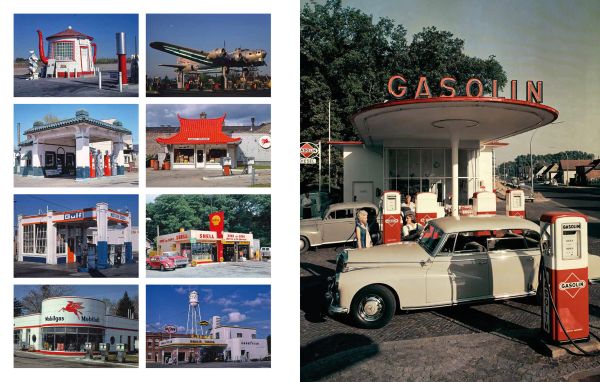 Book cover of Gas Stations, An Illustrated History, with a petrol assistant in blue overalls filling up white car, with woman leaning on side of bonnet. Published by Lannoo Publishers.