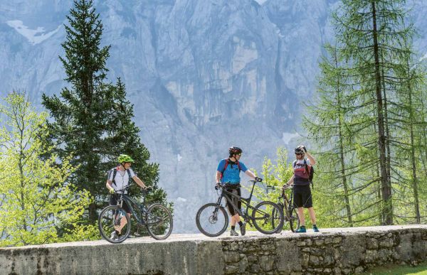 Book cover of Mountains, Sporting in the most beautiful mountain regions in Europe, with a snowboarder on snowy peak and biker riding over rough terrain. Published by Lannoo Publishers.
