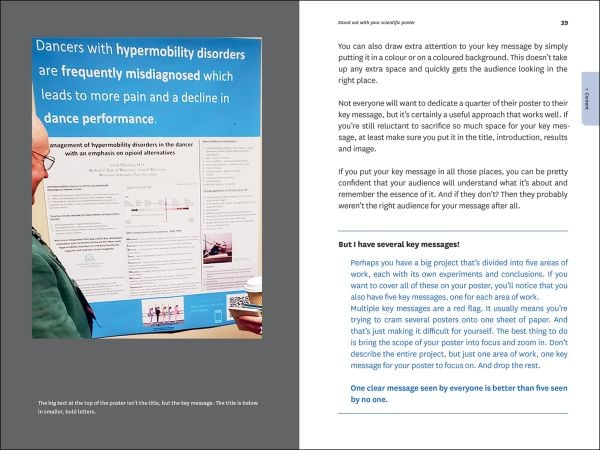 Book cover of Stand Out With Your Scientific Poster: A Step by Step Approach, with yellow poster suspended by clips. Published by Lannoo Publishers.