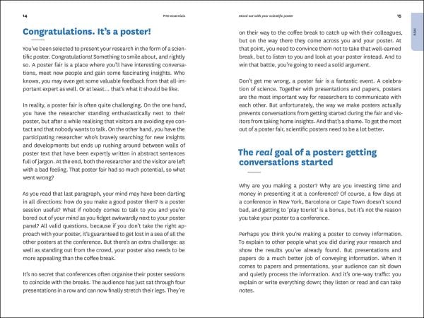 Book cover of Stand Out With Your Scientific Poster: A Step by Step Approach, with yellow poster suspended by clips. Published by Lannoo Publishers.