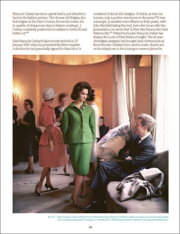 Book cover of Denis Laurent's Jules François Crahay: Rediscovering a Grand Couturier, with model in colourful chiffon dress with high neck. Published by Lannoo Publishers.