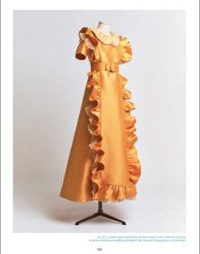 Book cover of Denis Laurent's Jules François Crahay: Rediscovering a Grand Couturier, with model in colourful chiffon dress with high neck. Published by Lannoo Publishers.