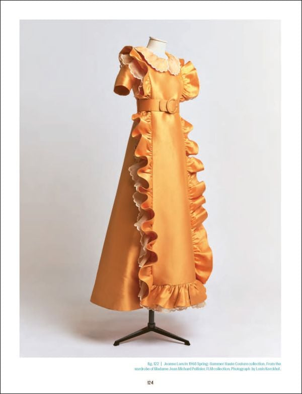 Book cover of Denis Laurent's Jules François Crahay: Rediscovering a Grand Couturier, with model in colourful chiffon dress with high neck. Published by Lannoo Publishers.