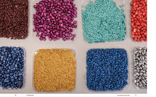 Book cover of Kadir van Lohuizen's Food for Thought, with four figures in clothes suits tending to green plants growing in a greenhouse. Published by Lannoo Publishers.