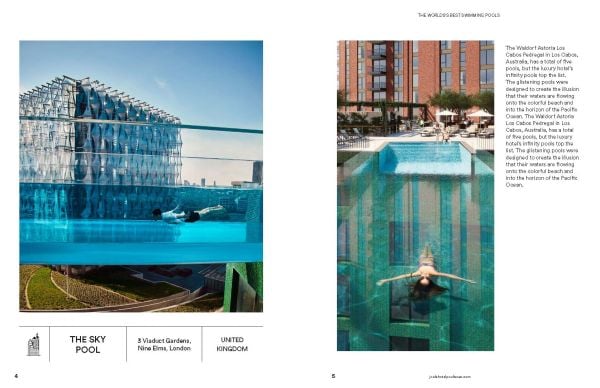 Book cover of Stefanie Waldek's Swimming Pools: The World's Best, with a swimming pool with diving board; sunset behind. Published by Lannoo Publishers.
