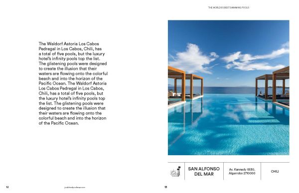Book cover of Stefanie Waldek's Swimming Pools: The World's Best, with a swimming pool with diving board; sunset behind. Published by Lannoo Publishers.