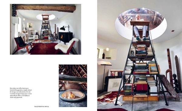 Book cover of An Bogaerts' The Perfect Home Office: Inspiring Design Ideas, with wooden desk with white lamp, and chair. Published by Lannoo Publishers.