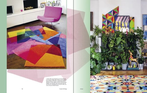 Book cover of Decorate Your Home With Carpets and Rugs, with an interior living space blush velvet scallop chair, houseplants and gold drinks trolley. Published by Lannoo Publishers.