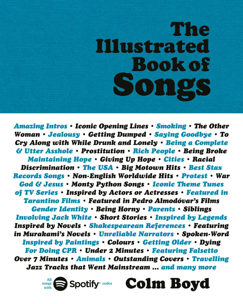 List of song titles on white cover of 'The Illustrated Book of Songs', by Luster Publishing.