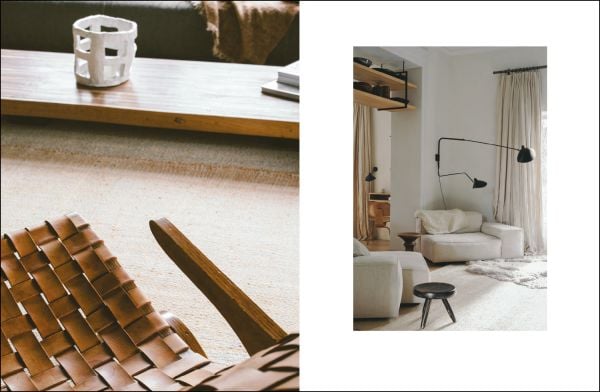 Book cover of Bea Mombaers, Items & Interiors, with interior living space with wood table, white walls. Published by Luster Publishing.