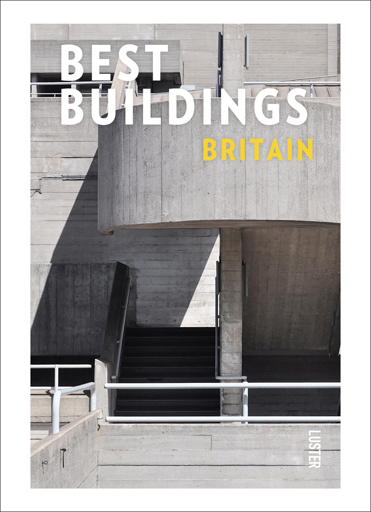 Grey brutalist building with white railings, white border, BEST BUILDINGS BRITAIN in white and yellow font above.