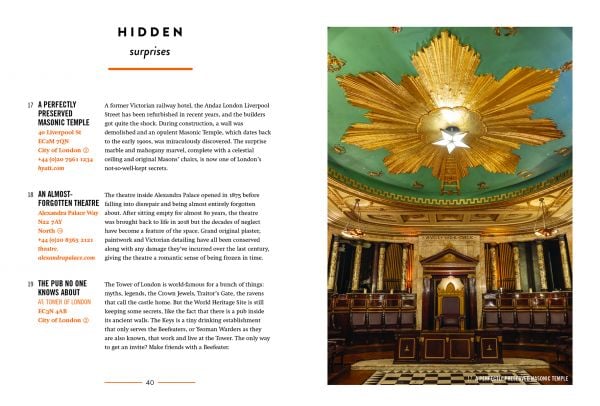 Interior of Victorian building, The Royal Arcade with ceiling lanterns, on pale blue cover of 'Nostalgic London', by Luster Publishing.