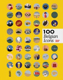 Collection of small circles featuring digital illustrations of iconic Belgian images, on yellow cover of '100 Belgian Icons', by Luster Publishing.