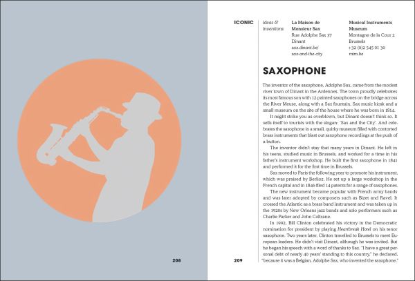 Collection of small circles featuring digital illustrations of iconic Belgian images, on yellow cover of '100 Belgian Icons', by Luster Publishing.