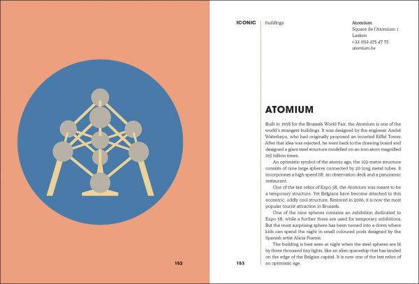 Collection of small circles featuring digital illustrations of iconic Belgian images, on yellow cover of '100 Belgian Icons', by Luster Publishing.