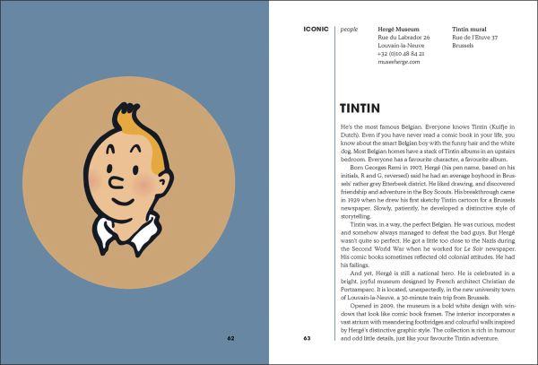 Collection of small circles featuring digital illustrations of iconic Belgian images, on yellow cover of '100 Belgian Icons', by Luster Publishing.