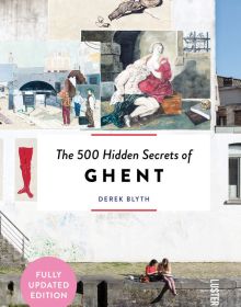Two figures sitting on canal wall in front of white building with paintings of people in city landscapes and The 500 Hidden Secrets of Ghent in black font on white banner
