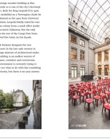 Cinema seat in a derelict theatre, looking at a white screen, on cover of 'The 500 Hidden Secrets of Brussels', by Luster Publishing.