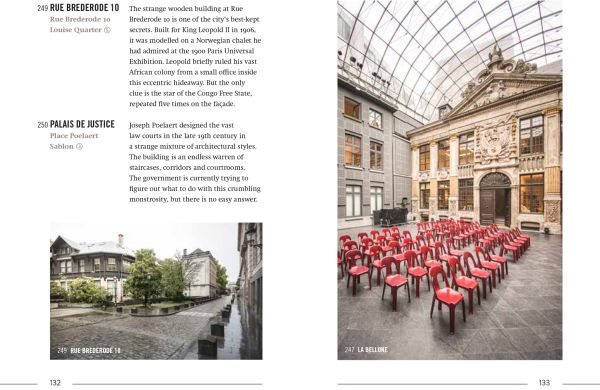 Cinema seat in a derelict theatre, looking at a white screen, on cover of 'The 500 Hidden Secrets of Brussels', by Luster Publishing.