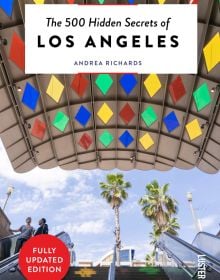 Book cover of The 500 Hidden Secrets of Los Angeles, with the Mariachi Plaza Gold Line Station with colored diamond glass. Published by Luster Publishing.