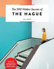 Book cover of The 500 Hidden Secrets of The Hague, with a figure walking down stairwell. Published by Luster Publishing.