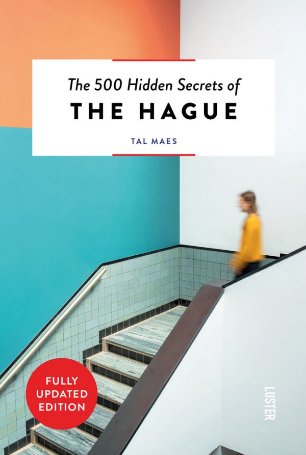 Book cover of The 500 Hidden Secrets of The Hague, with a figure walking down stairwell. Published by Luster Publishing.
