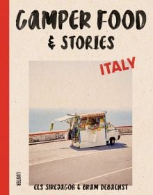Book cover of Camper Food & Stories - Italy, with a food van selling fresh Italian produce by the roadside. Published by Luster Publishing.